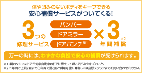 傷や凹みのないボディをキープできる　安心補償サービスがついてくる！